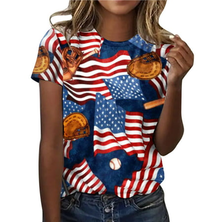 CLZOUD Work Shirt for Women Dark Blue Women America Flag Print O Neck Tops Short Sleeve Round Neck Tee Shirt Printed Flower Loose Side Split Blouse Tu
