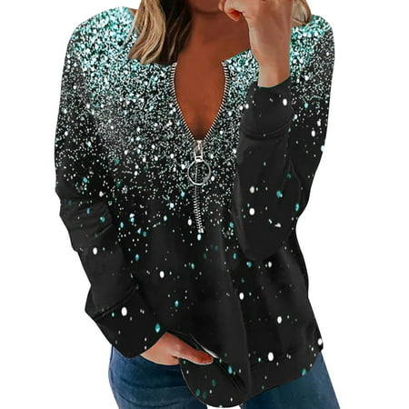 CLZOUD Work Shirt for Women Green Women Casual Sequin Print Long Sleeve Round Neck Loose Splice Zipper T-Shirt Blouse Tops M