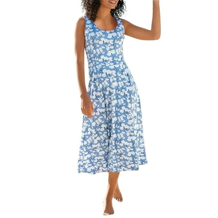 GWAABD Long Sleeve Tunic Dress Women Flowers Printed Sleeveless Dress Summer Round Neck Dresses Beach Vest MIDI Sundress