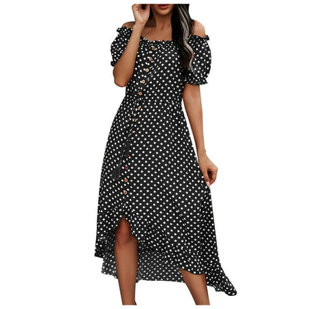 GWAABD Tiered Long Dresses Women Fashion Casual Chiffon Floral Printing Short Sleeve Button Loose Dress