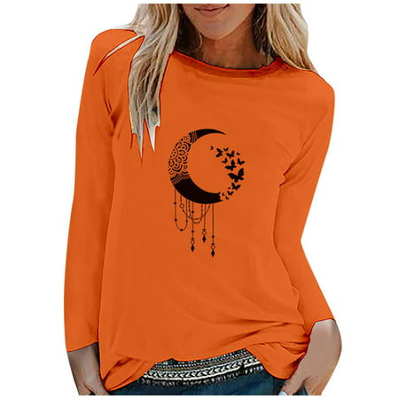 CLZOUD Dress Shirts for Women Trendy Orange Womens Casual Round Neck Moon Printed Loose Long Sleeve Blouse T-shirt Tops Xxl