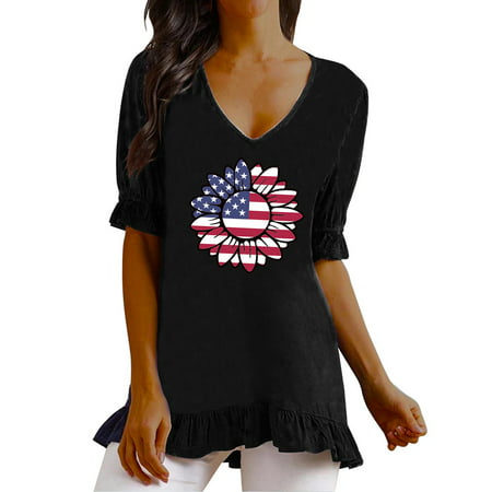 CLZOUD Womem T Shirts Black Linen Summer Womens Ruffle Short Sleeve V Neck Floral Printed Top T Shirts Casual Linen Shirts Tee Blouse M