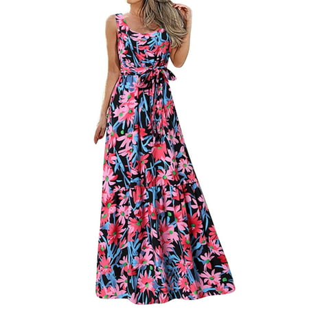 GWAABD Flowy Summer Dress Summer Dresses for Women with Floral Print Sleeveless Long Dress Casual Elegant Loose for Party Maxi Dress