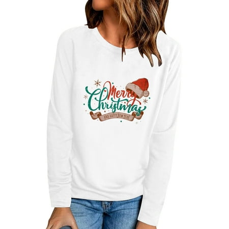 CLZOUD Womens Dress Blouses White Cvc Women Casual Printing Daily Shirts Round Neck Long Sleeve T Shirt Loose Tee Tops Tunic Blouse Xxl
