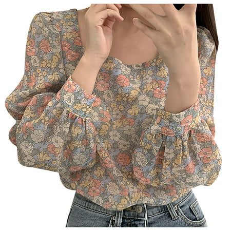 GWAABD Tops for Women Shirts Sleeve Tops Printed Ladies Puff Fashion Collar Womenâs Long Women S Blouse