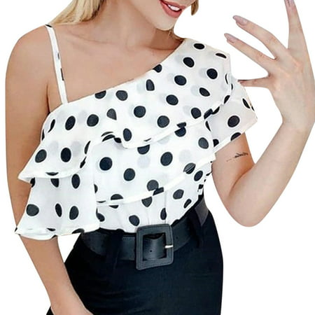 CLZOUD Shirts for Women Dressy Casual White Polyester Women Blouse One Shoulder Ruffles Dot Print Casual Blouse Casual Tee Shirt Xl