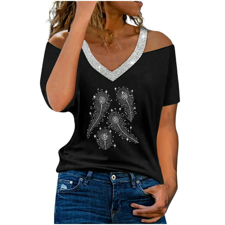 GWAABD Women Spring Long-Sleeved Shirt Women S Summer V Neck Off the Shoulder Bright Drill Print Short Sleeve T Shirt Top Blouse
