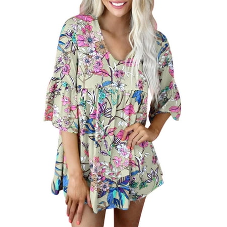 CLZOUD Casual Summer T Shirts Khaki Womens Casual Flowers Printing Tops Crew Neck Summer Short Sleeve Casual Tshirts Blouse Xxl