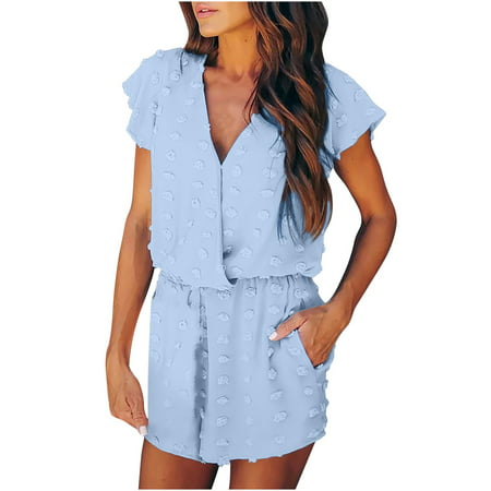 YANHAIGONG Women Pants Summer Shorts Pants for Women 2658 Fashion Women Summer Casual Sexy Short Sleeve Solid Color V-Neck Jumpsuits
