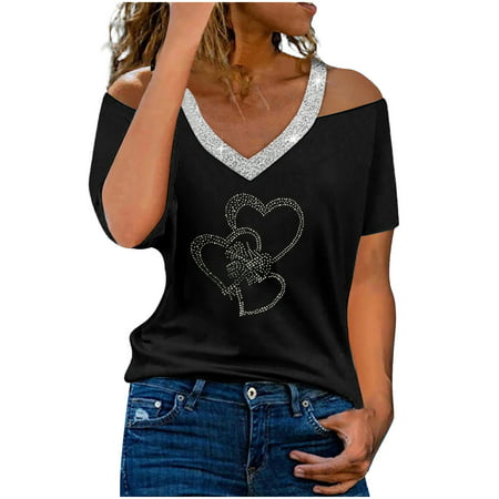 GWAABD Womens Square Neck Long Sleeve Top Women S Summer V Neck Off the Shoulder Bright Drill Print Short Sleeve T Shirt Top Blouse