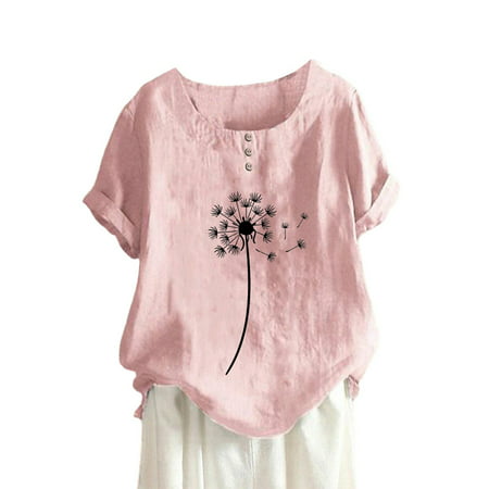GWAABD Business Top Women Summer Round Neck Button Dandelion Print Short Sleeve T Shirt Top Blouse
