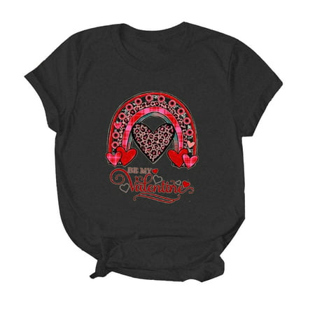 CLZOUD Womem T Shirts Black WomenT Shirt Cute Cartoon Love Print Crewneck Short Sleeved Top Blouse for Valentine Day M