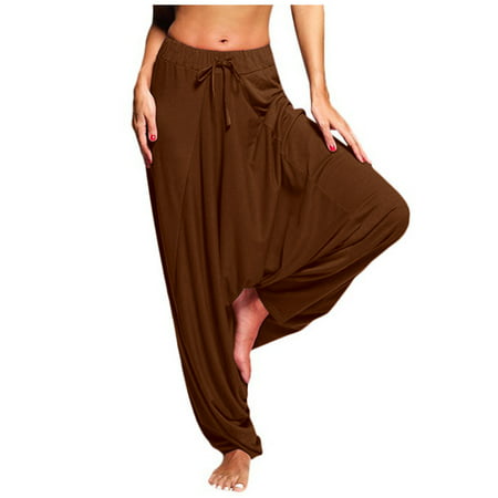 CLZOUD Yoga Pants for Women Coffee Polyester Women Plus Size Solid Color Casual Loose Harem Pants Yoga Pants Women Trousers