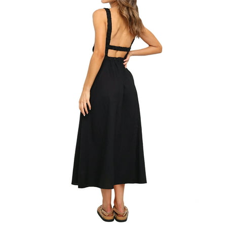 GWAABD Boho Floral Dress Womens O Neck Backless Solid Color Split Maxi Party Dress