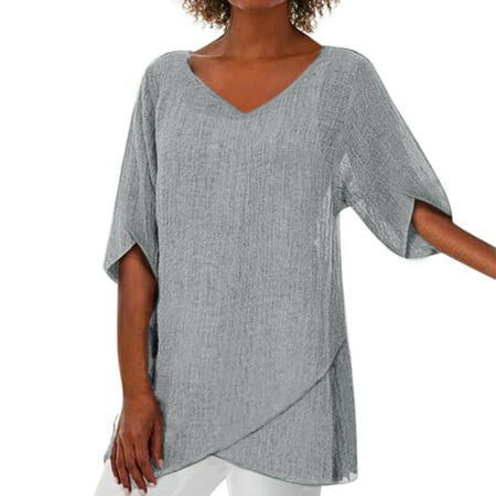 CLZOUD T Shirt Women Grey the Fashion Women Summer Irregular Solid Top Blouse L