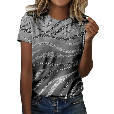 CLZOUD Fashion Blouse Grey Women Summer Casual Round Neck Short Sleeve Top Color Gradient Texture Print T Shirt Xl