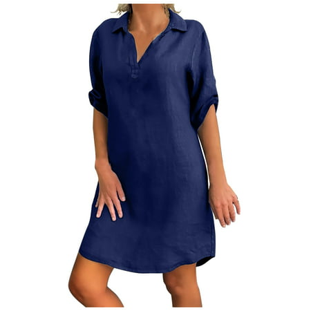 GWAABD Floral Tshirt Dress for Women Women DressLinenV-Neck SolidBeachCasual Loose Dress