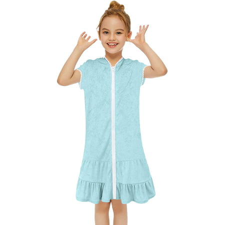 GWAABD Spring Dresses for Girls Green Cotton Little Girls Swim Cover up Kids Swimsuit Coverup Zip up Beach Bathing Suit Hooded Bathrobe Absorbent Terr