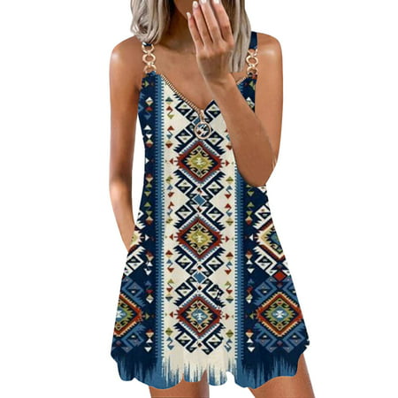 CLZOUD Dress Summer for Women Navy Polyester Spandex Women Casual Dresses Boho Floral Print Beach Dress V Neck Sleeveless Spaghetti Strap with Pockets