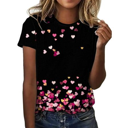 CLZOUD Womens Summer T-shirts Women Fashion Casual Top Shirt Short Sleeve Love Printed T Shirt Round Neck Elegant Loose Soft Top Blouse Xxl