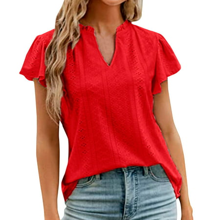 CLZOUD Business Shirts for Women Red Spring and Summer New Short Sleeve V Neck Shrink Pleated Solid Color Loose Shirt Top L