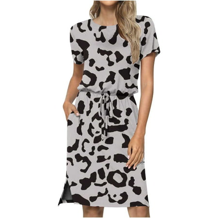 CLZOUD Dresses Casual Grey Polyester Spandex Women Round Neck Adjustable Waist Medium and Long Animal Pattern Camouflage Pocket Pocket Dress S