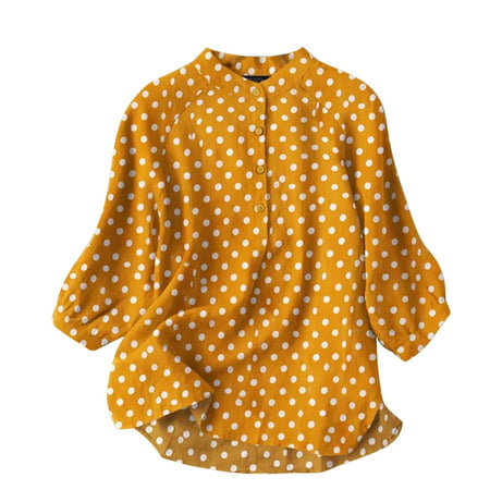 GWAABD Fashion T Shirts for Women Women S Spring and Summer Round Neck Button Polka Dot Texture Cotton Linen Shirt