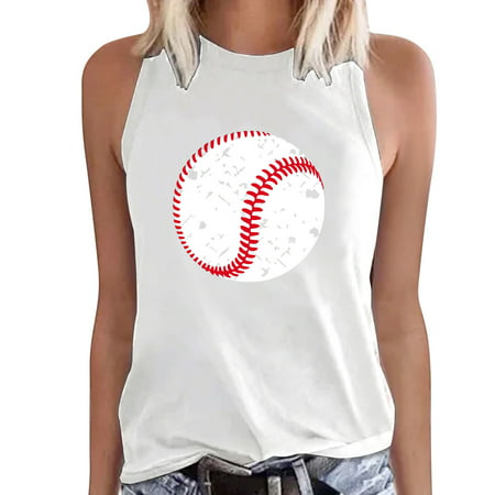 CLZOUD Casual Cami Top White Women Summer Sleeveless Crew Neck Baseball Printing Tank Tops Casual TShirts Blouse Top Xxl