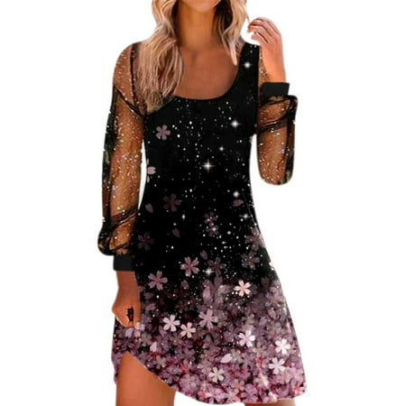 GWAABD Fall Dresses for Women 2022 Printed Summer Dress Ladies Long-sleeved and Spring Mesh Casual Women S Dress