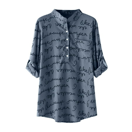 CLZOUD Women Shirts Summer Blue Polyester Women S Long Sleeve Letter Printing Button Turn-down Collar Shirts Blouses Tops Xl