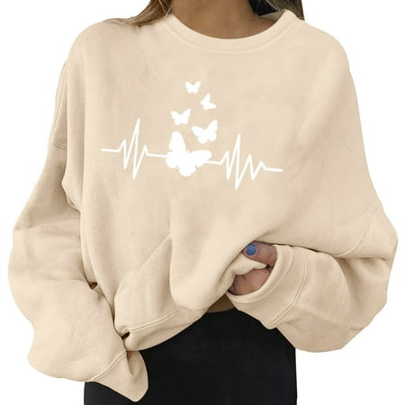 CLZOUD Shirts for Women Casual Summer Beige Cotton Fashion Women S Casual Long Sleeve Printed Ladies Sweatshirts Tops S