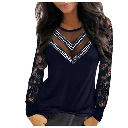 CLZOUD Womens Shirt Dress Navy Women Longe Sleeve Lace Sequins V-Neck Long Sleeves Elegant Blouses Xl