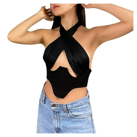 CLZOUD Vest Tank Top Women Black Women Summer Fashion Sleeveless Daily Casual Halter Club Tops Blouse L