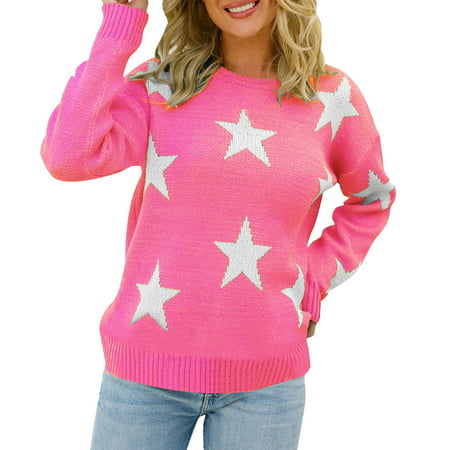 GWAABD Blouses & Button-Down Shirts Women Long Sleeve Sweater Casual Elegant Round Neck Star Pattern Plus Size Knit Sweater Top