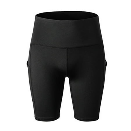 CLZOUD Yoga Pants for Plus Size Women Black Polyester Womens High Waist Solid Workout Yoga Shorts with 2 Hidden Pockets Tight Shorts