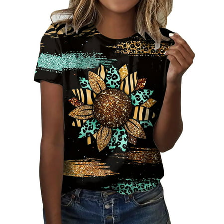 CLZOUD Basic T Shirts for Women Polyester Loose Tunic for Womens Casual Summer Tops Floral Short Sleeve Round Neck Tee T Shirt Flower Printed Loose Bl