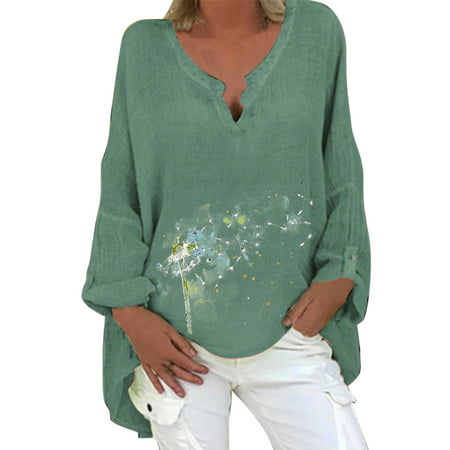 GWAABD Light Weight Long Sleeve Shirts for Women Women Summer Casual Top Printed Cotton Linen Long Sleeve Shirt Solid Color V Neck Mid Length Top Blou