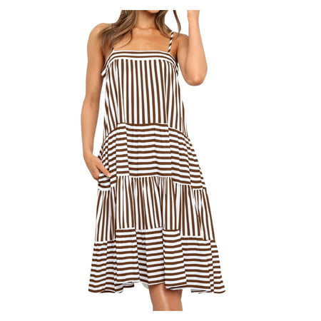 CLZOUD Women Plus Size Dress Coffee Polyester Women Sling Stripe Stitching Loose Big Swing Skirt Dress L