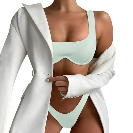 CLZOUD Swimsuit Straps Green Women Two Piece Solid Color Swimwear Suits Split Strip Steel Support Swimsuit Bikini Swimsuit Beachwear Padded Swimwear M
