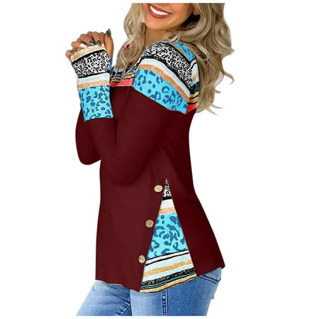 CLZOUD Business Shirts for Women Wine Fashion Women S Color Blocking Stripe Printing Long Sleeves V Neck Buttons Casual Tee Shirts Tops Blouse Xxl