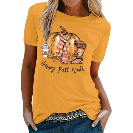CLZOUD T Shirt for Women Yellow Women Casual Fall Printing Short Sleeve Tops Blouse Round Neck Casual Tee Tunic Shirts Xl