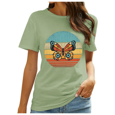 CLZOUD Womens Tops Casual Summer Green Polyester Women Casual Letters Printing Shirts Short Sleeve Loose Tee Tops Tunic Blouse Xl