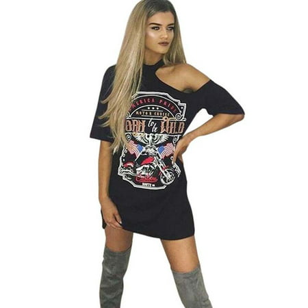 GWAABD Womens Summer Mini Dress Style Dress Shoulder Long T-Shirt Vintage Women Mini Off Women S Dress