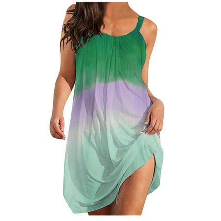 CLZOUD Elegant Dresses for Women Green Polyester Women S Fashion Casual V-Neck Sleeveless Strap Open Back Print Dress L