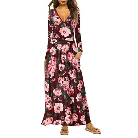 CLZOUD Women S Casual Dress C Polyester Women Fashion Print V Neck Pocket Dress Solid Color Long Sleeve Casual Dress M