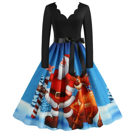 CLZOUD Dresses for Women 2023 Casual Blue Polyester Women Vintage Long Sleeve 1950s Housewife Evening Party Prom Dress L