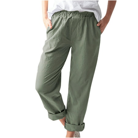 YANHAIGONG Women Pants Summer Shorts Pants for Women 2564 Women Casual Solid Color Pockets Elastic Waist Comfortable Straight Pants