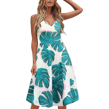 CLZOUD Womens Dresses Summer Casual Navy Polyester Women S Summer Dress Slim Fit Leaf Print Ruffle Hem Casual Sling Mini Dress S