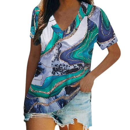 GWAABD Womens Long Sleeve Workout Shirt Summer Womens Short Sleeve V Neck Tie Dyed Printed Top T Shirts Casual Shirts Tee Blouse