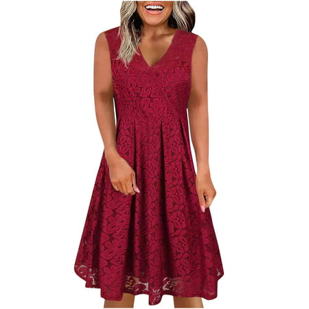 Guieoi Summer Dress Women S V-Neck Fashion Casual Solid Color Lace Sleeveless Dress Summer Dresses 3119 on Clearance